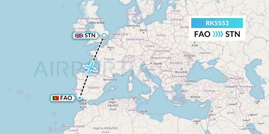 RK5553 Ryanair UK Flight Map: Faro to London