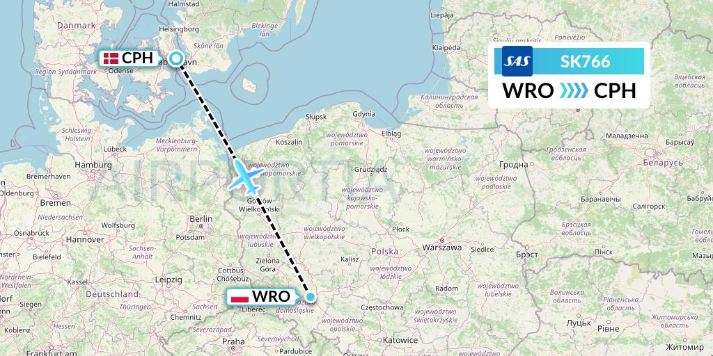 SK766 SAS Flight Map: Wroclaw to Copenhagen