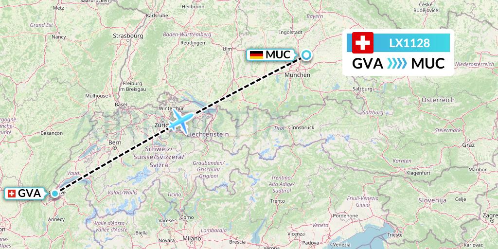 LX1128 Swiss Flight Map: Geneva to Munich
