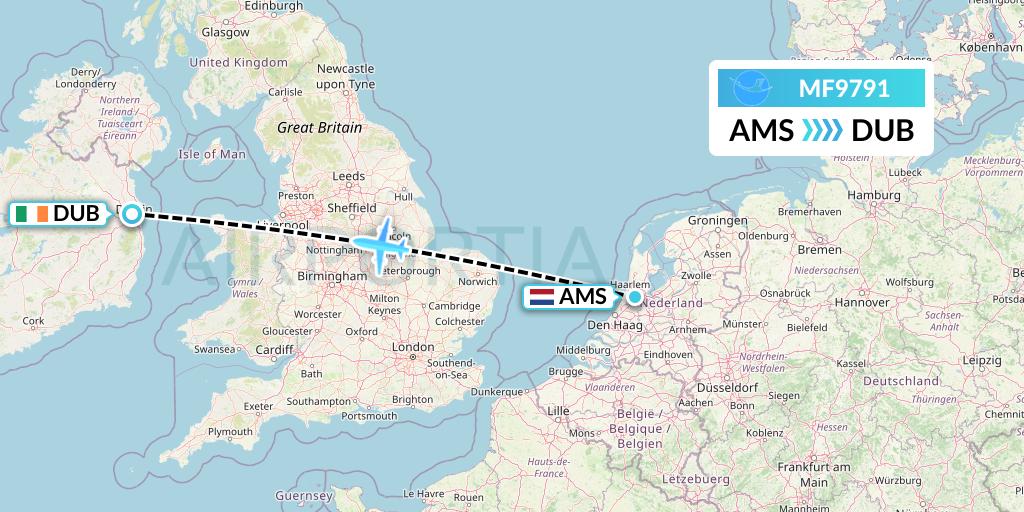 MF9791 Xiamen Airlines Flight Map: Amsterdam to Dublin