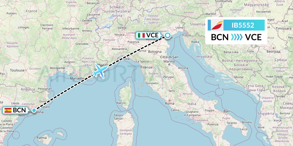 IB5552 Iberia Flight Map: Barcelona to Venice