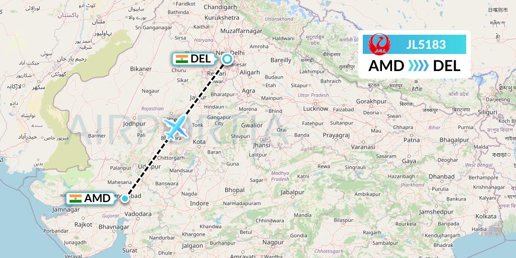 JL5183 Japan Airlines Flight Map: Ahmedabad to Delhi