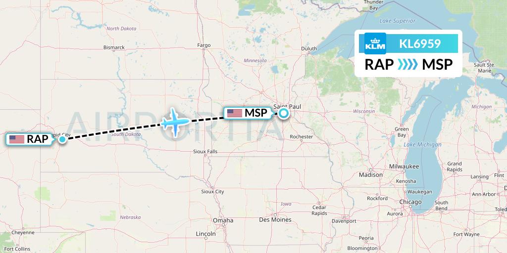 KL6959 KLM Flight Map: Rapid City to Minneapolis