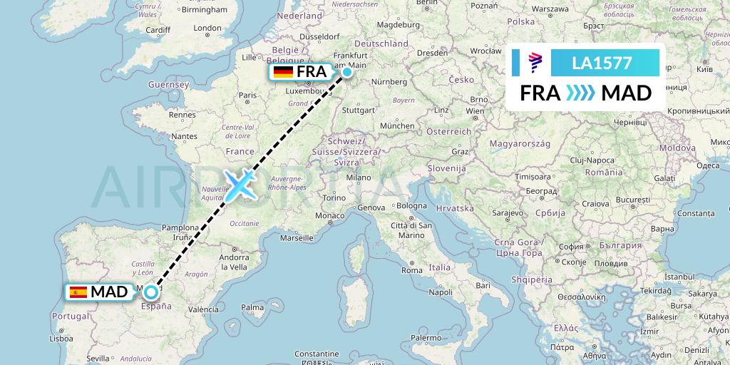 LA1577 LAN Airlines Flight Map: Frankfurt to Madrid
