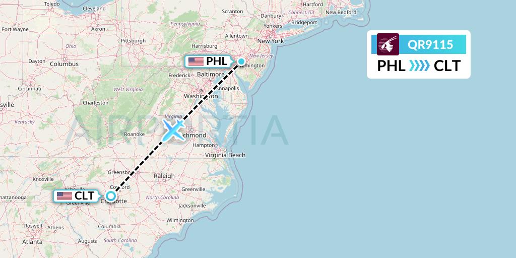 QR9115 Qatar Airways Flight Map: Philadelphia to Charlotte