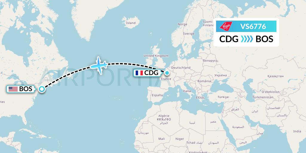 VS6776 Virgin Atlantic Airways Flight Map: Paris to Boston