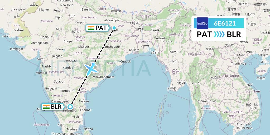 6E6121 IndiGo Airlines Flight Map: Patna to Bangalore