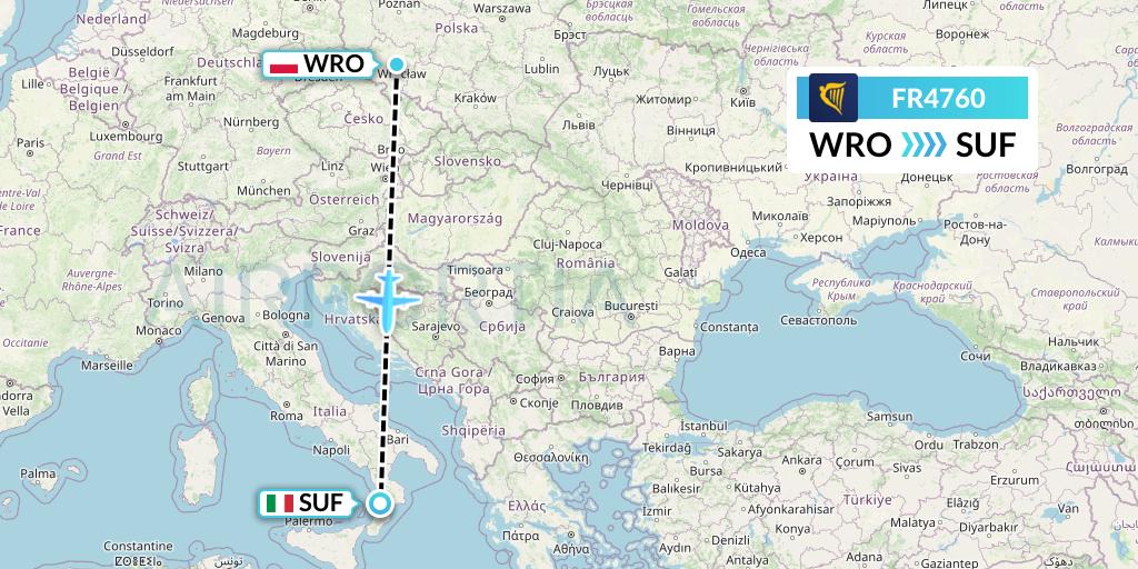 FR4760 Ryanair Flight Map: Wroclaw to Lamezia Terme