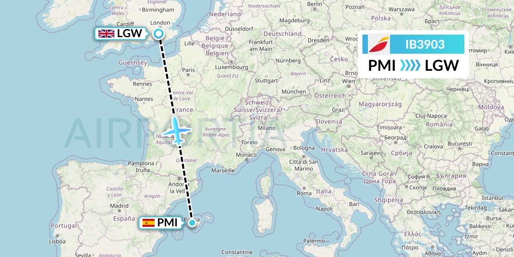 IB3903 Iberia Flight Map: Palma de Mallorca to London