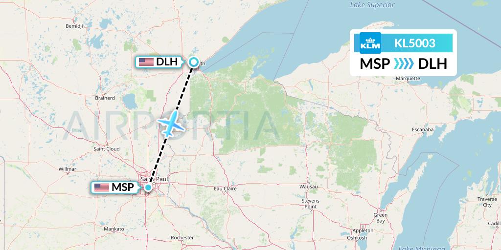 KL5003 KLM Flight Map: Minneapolis to Duluth