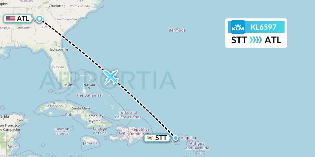 KL6597 KLM Flight Map: St. Thomas to Atlanta