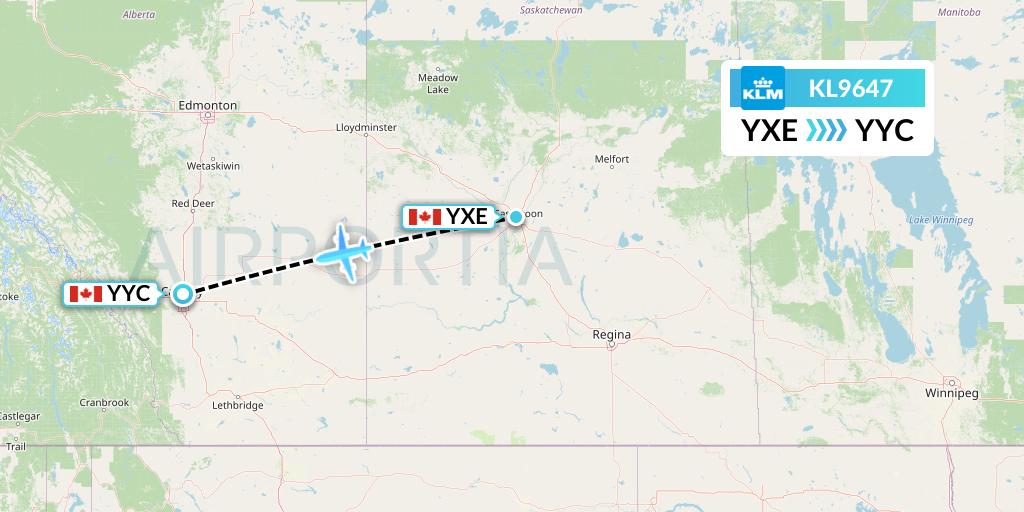 KL9647 KLM Flight Map: Saskatoon to Calgary