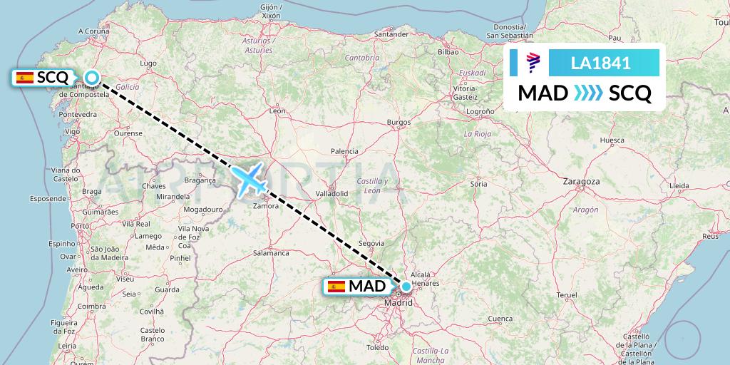 LA1841 LAN Airlines Flight Map: Madrid to Santiago