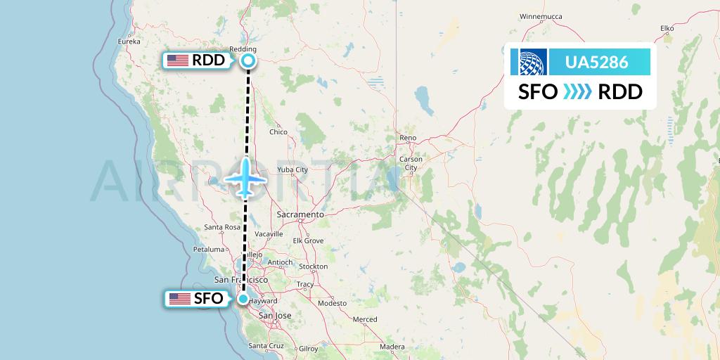UA5286 United Airlines Flight Map: San Francisco to Redding