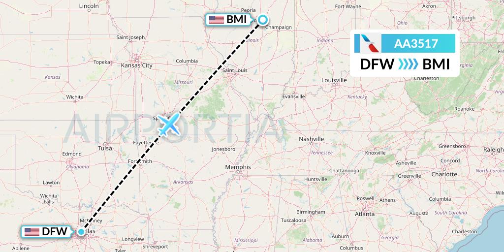 AA3517 American Airlines Flight Map: Dallas to Bloomington