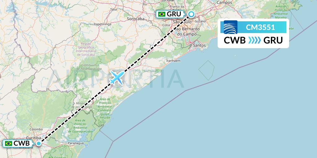 CM3551 Copa Airlines Flight Map: Curitiba to Sao Paulo