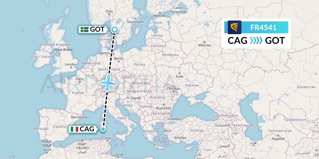 FR4541 Ryanair Flight Map: Cagliari to Gothenburg