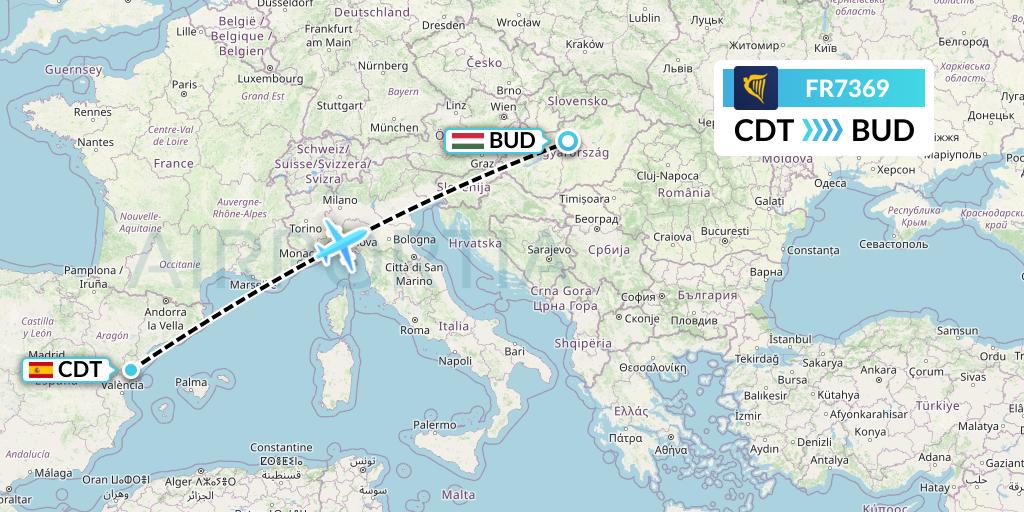 FR7369 Ryanair Flight Map: Castellon de la Plana to Budapest