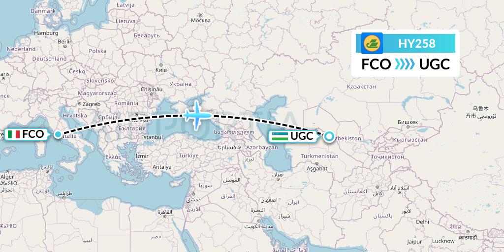 HY258 Uzbekistan Airways Flight Map: Rome to Urgench
