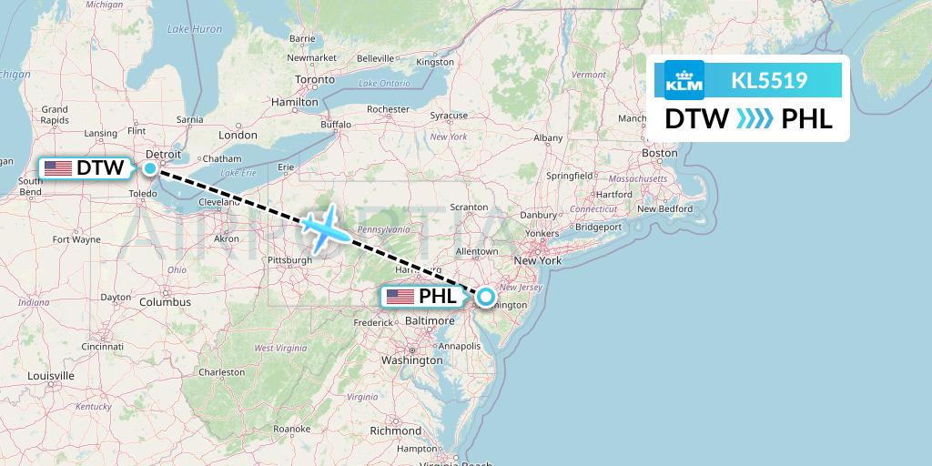 KL5519 KLM Flight Map: Detroit to Philadelphia