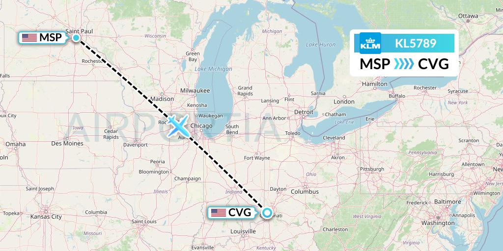 KL5789 KLM Flight Map: Minneapolis to Cincinnati