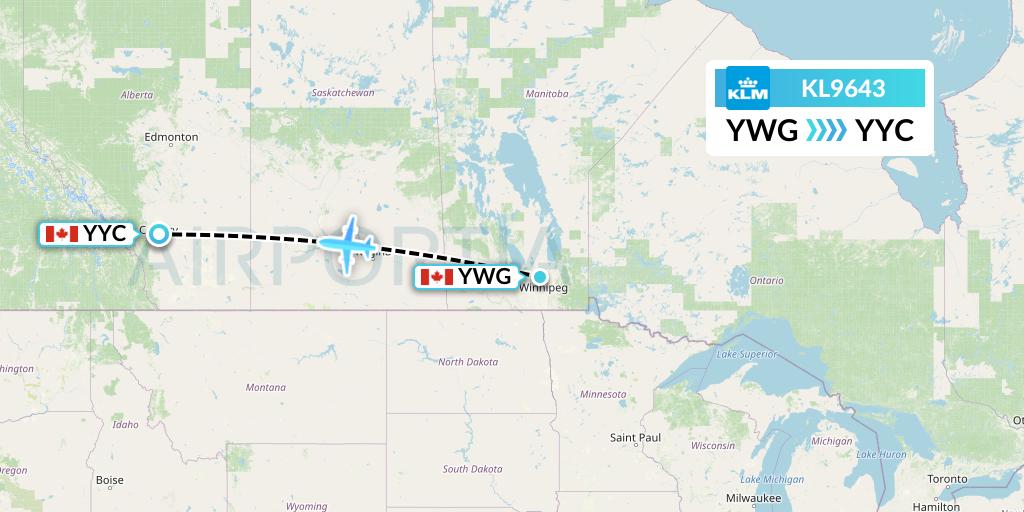 KL9643 KLM Flight Map: Winnipeg to Calgary