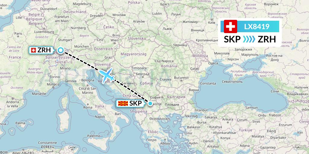 LX8419 Swiss Flight Map: Skopje to Zurich