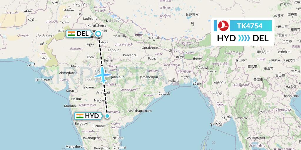 TK4754 Turkish Airlines Flight Map: Hyderabad to Delhi