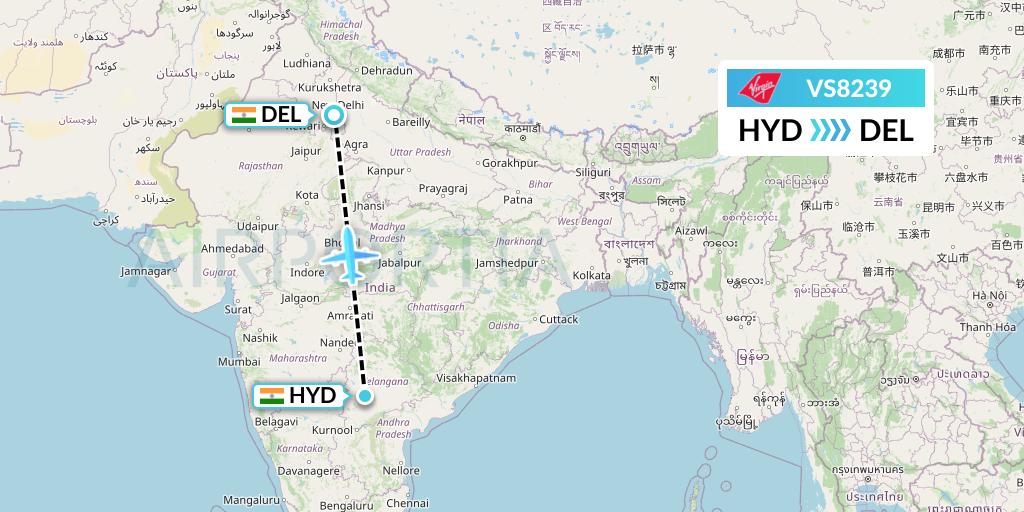 VS8239 Virgin Atlantic Airways Flight Map: Hyderabad to Delhi