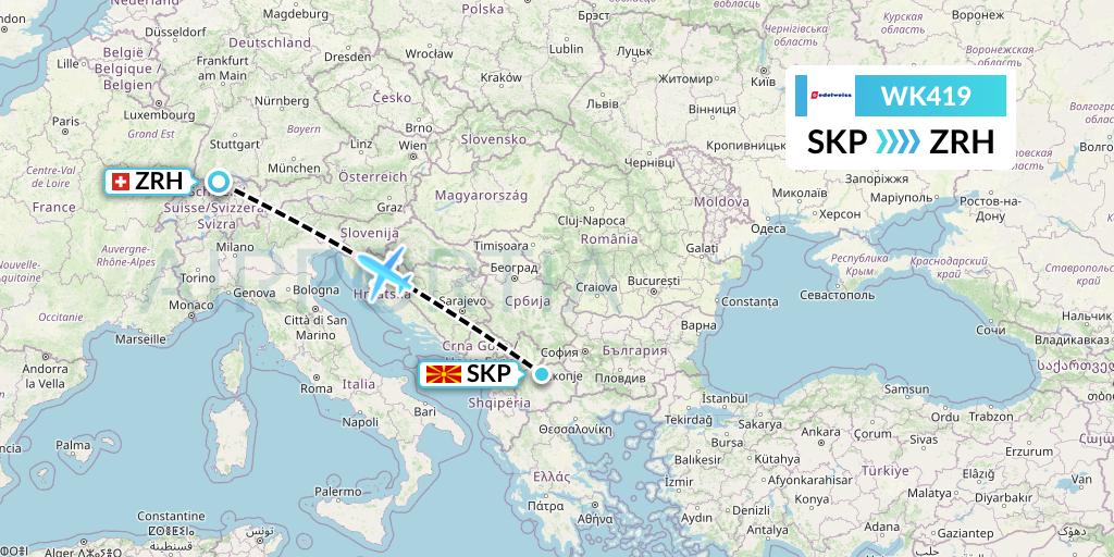WK419 Edelweiss Air Flight Map: Skopje to Zurich