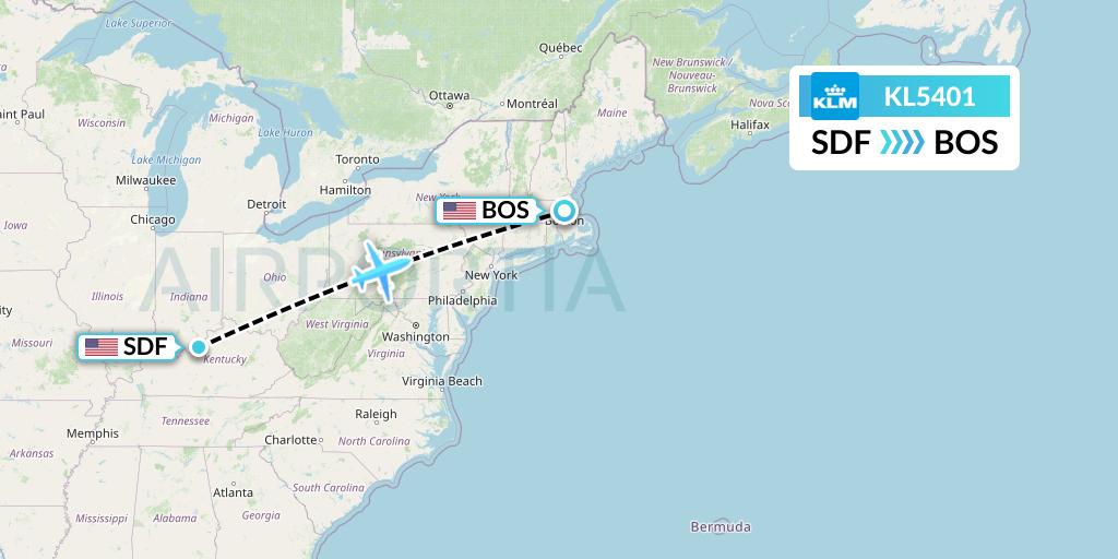 KL5401 KLM Flight Map: Louisville to Boston