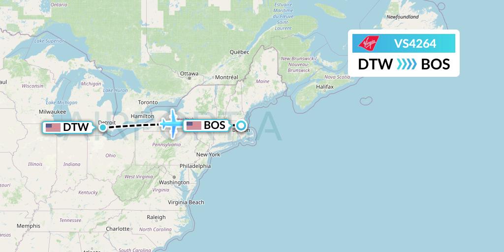 VS4264 Virgin Atlantic Airways Flight Map: Detroit to Boston