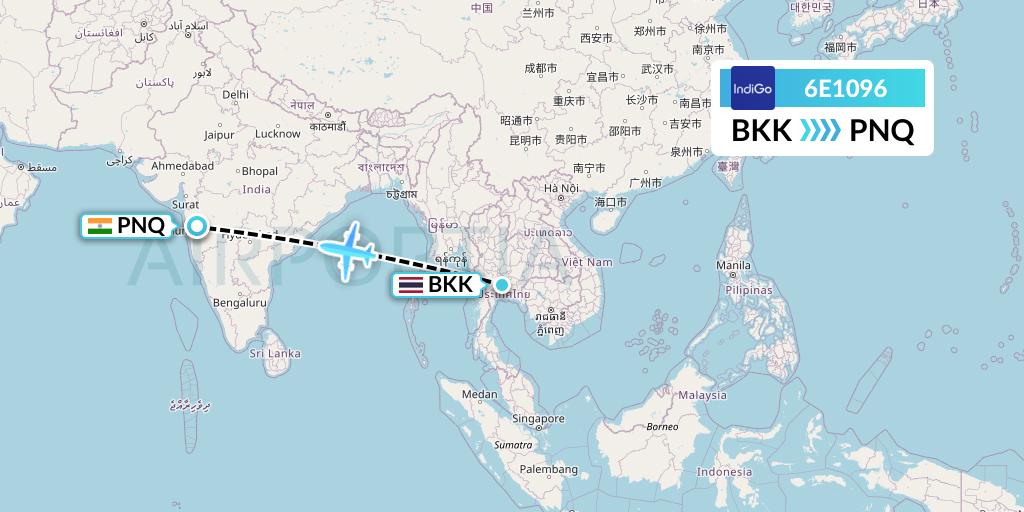 6E1096 IndiGo Airlines Flight Map: Bangkok to Pune