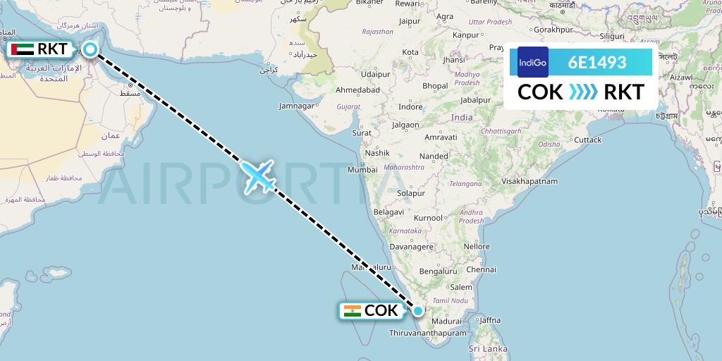6E1493 IndiGo Airlines Flight Map: Cochin to Ra'sal-Khaymah