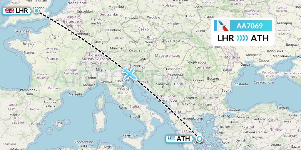 AA7069 American Airlines Flight Map: London to Athens