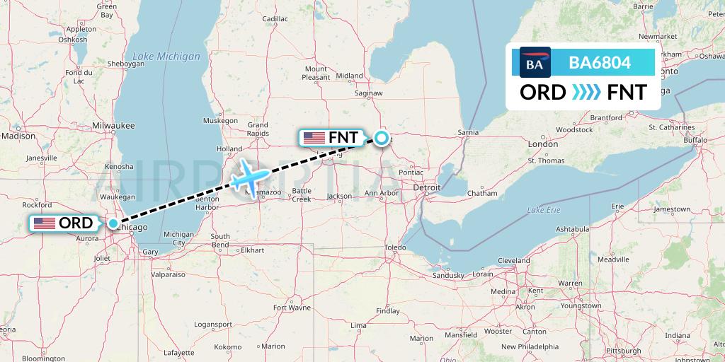 BA6804 British Airways Flight Map: Chicago to Flint