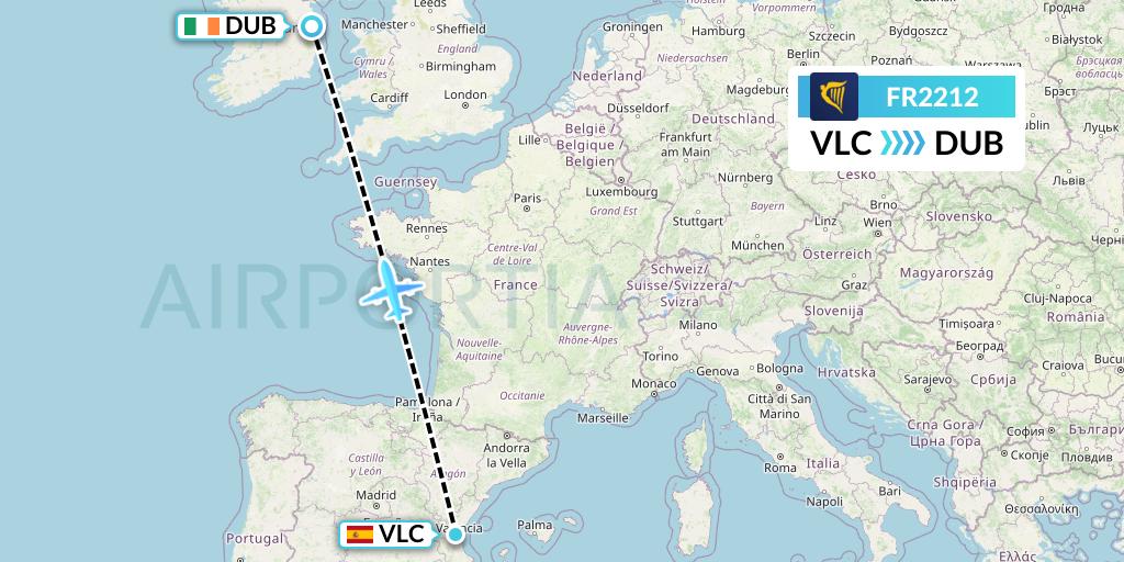 FR2212 Ryanair Flight Map: Valencia to Dublin