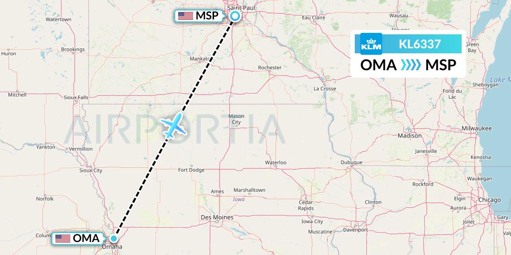 KL6337 KLM Flight Map: Omaha to Minneapolis