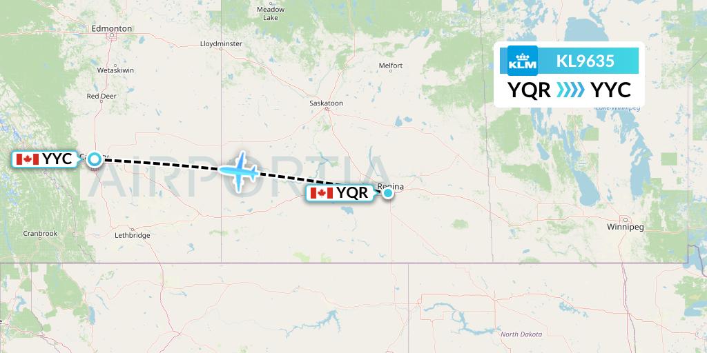 KL9635 KLM Flight Map: Regina to Calgary