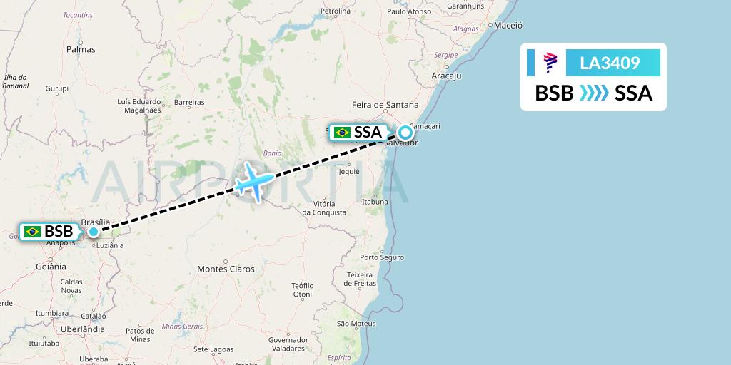 LA3409 LAN Airlines Flight Map: Brasilia to Salvador