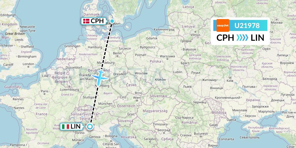 U21978 EasyJet Flight Map: Copenhagen to Milan