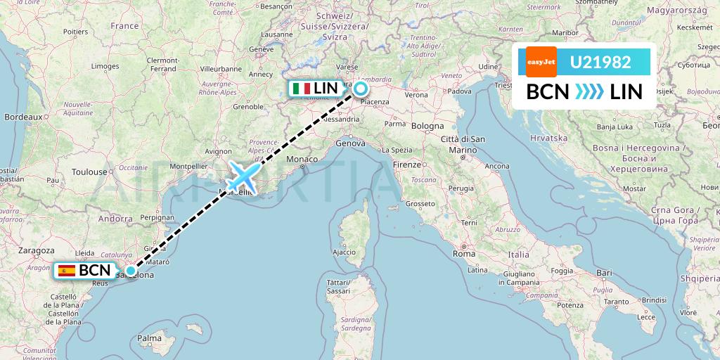 U21982 EasyJet Flight Map: Barcelona to Milan