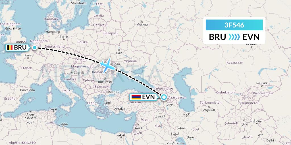 3F546 Flyone Armenia Flight Map: Brussels to Yerevan