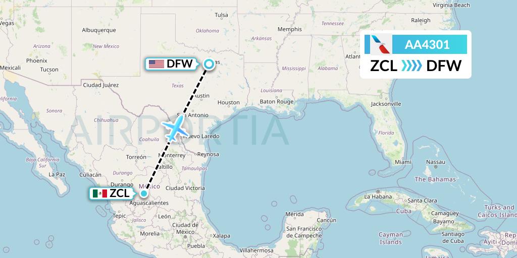 AA4301 American Airlines Flight Map: Zacatecas to Dallas