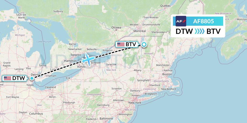 AF8805 Air France Flight Map: Detroit to Burlington