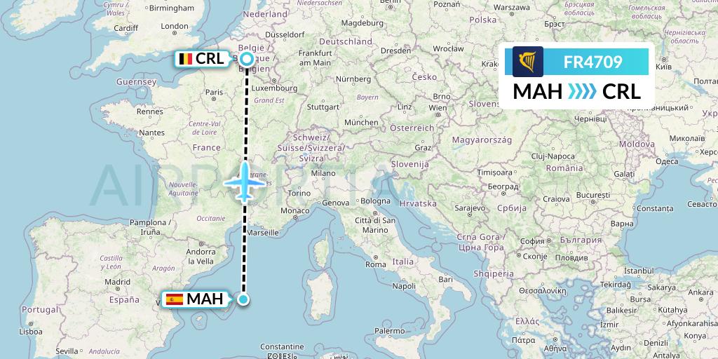 FR4709 Ryanair Flight Map: Mahon to Brussels