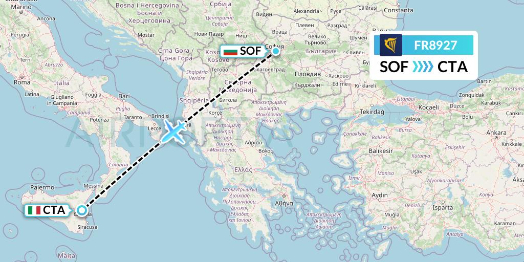FR8927 Ryanair Flight Map: Sofia to Catania