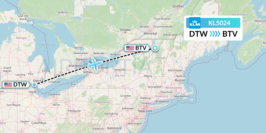 KL5024 KLM Flight Map: Detroit to Burlington