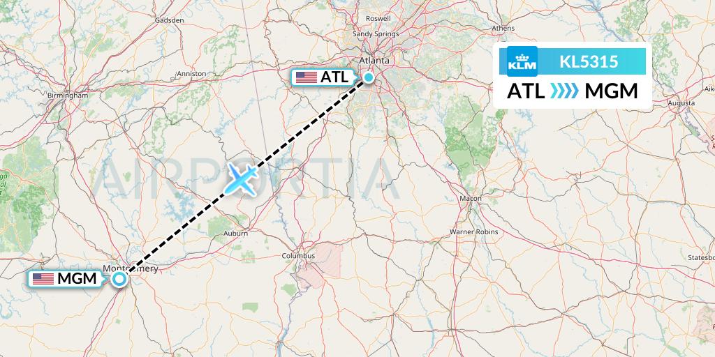 KL5315 KLM Flight Map: Atlanta to Montgomery
