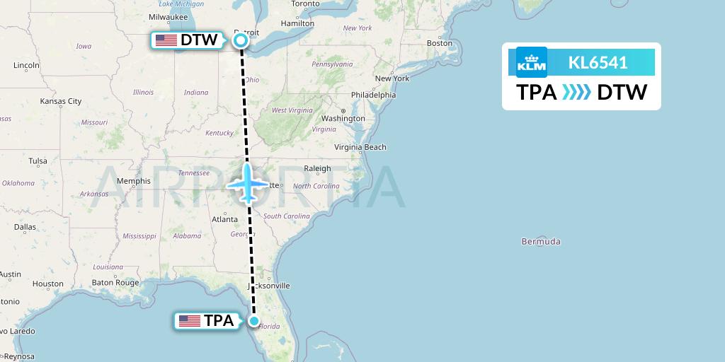 KL6541 KLM Flight Map: Tampa to Detroit